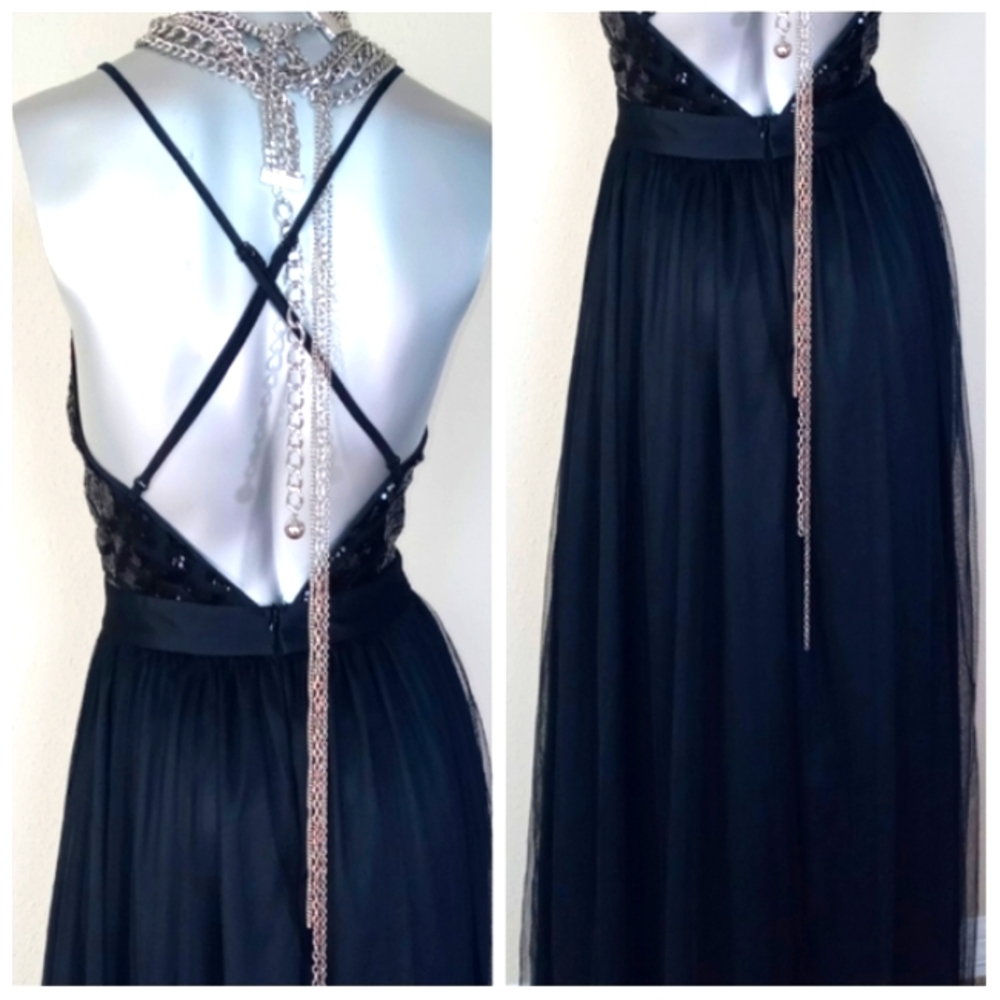 Black Sophisticated Cocktail Party Grunge Fairy Core Sequin Top Maxi Dress - Picture 15 of 16